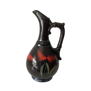Vintage Japanese Hand-painted Black Vase/Pitcher with Red/Green Floral Signed